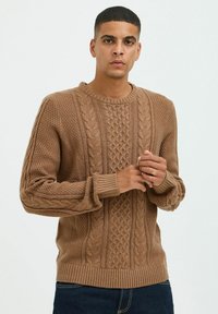 Suéter marrón de punto que presenta un diseño de trenzas y patrones texturizados, con cuello redondo y puños y dobladillo acanalados. Material de mezcla de algodón.