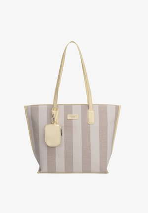 Beige en lichtbruine gestreepte draagtas met twee lange handvatten en een kleine beige ritstasje bevestigd.