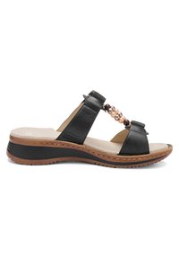 Sort åben tå slidesandal med polstret sål, to brede remme og dekorative brune og lyserøde perler på den øverste rem.