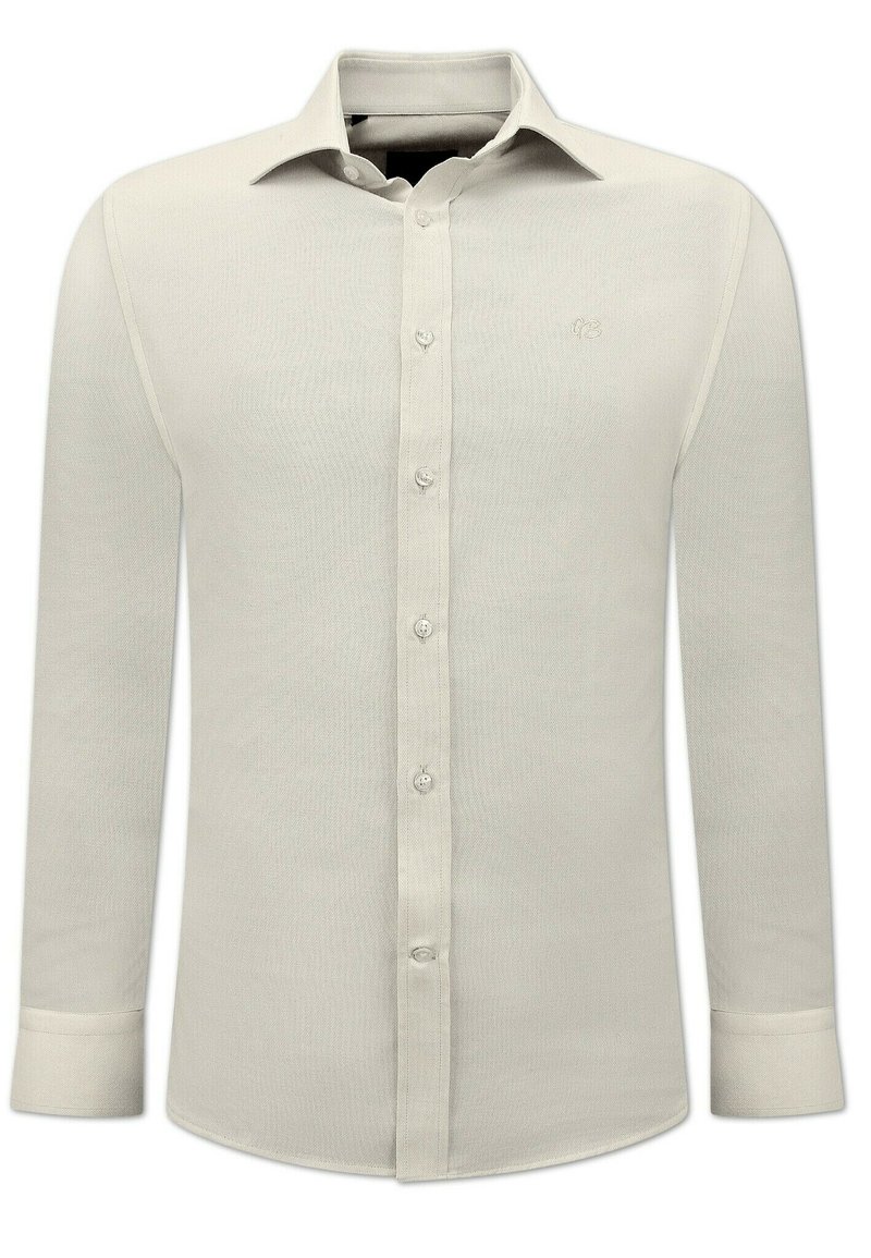 Licht beige lange mouwen shirt gemaakt van textuurstof. Kenmerkt zich door een klassieke kraag, knoopsluiting aan de voorkant en enkelvoudige knopen bij de mouwen. Subtiele logo op de borst.