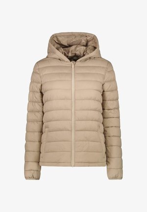 Beige gewatteerde pufferjack met een capuchon, met een volledige rits en elastische manchetten. Glad, lichtgewicht stof met een zichtbaar stiksels patroon.