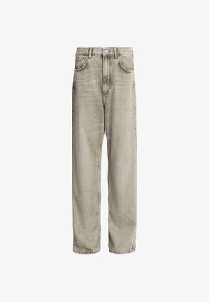 Világosszürke farmernadrág, laza szabással, öt zsebbel, gombos záródással és finom kopással a textúra érdekében.