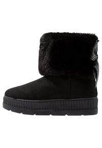 Svart ankelboot med fuskpälskrage och texturerad gummisula, och dekorerad med nät och nitar på sidan.