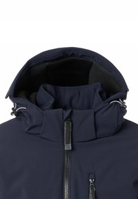 Marineblaue Jacke mit gepolstertem Stehkragen, verstellbare Kapuze mit Zugbändern, zentralem Reißverschluss und Reißverschlusstaschen auf der Brust mit schwarzem Netzfutter in der Kapuze.