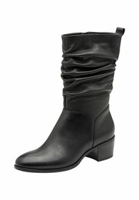 Botină neagră din piele până la genunchi, cu textură plisată, finisaj neted, vârf ascuțit, toc gros și manșetă de prindere în partea de sus.
