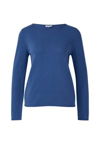 Blauer Pullover mit langen Ärmeln aus weichem Strickmaterial, mit Rundhalsausschnitt und lockerer Passform, ohne zusätzliche Muster oder Verzierungen.