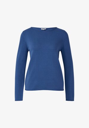 Sinine pika varrukaga sviiter, mis on valmistatud pehmest kudumisest, ümarate kaelustega ja vabalt langeva lõikega, ilma täiendavate mustrite või kaunistusteta.