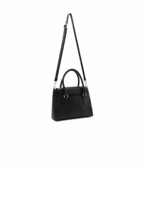 Schwarze Lederhandtasche mit zwei oberen Griffen und einem abnehmbaren Schulterriemen. Ausgestattet mit goldfarbener Hardware und einer strukturierten Form.