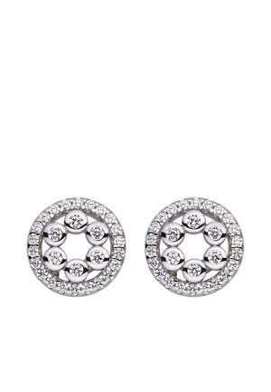 Round silver stud earrings with outer rings and inner circles of small sparkling clear gemstones.
