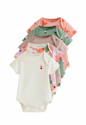 Cinq bodies bébé côtelés à manches courtes en blanc, motifs floraux, tons beige, vert et pêche empilés en éventail.