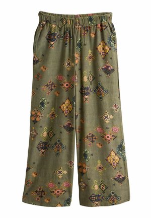 Olivgrüne, weit geschnittene Hose mit elastischem Bund und mehrfarbigen geometrischen und floralen Mustern durchgehend.