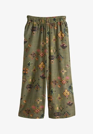 Olivgrüne, weit geschnittene Hose mit elastischem Bund und mehrfarbigen geometrischen und floralen Mustern durchgehend.