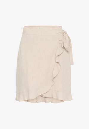 Ljusbeige inslagsskjorta gjord av texturerat tyg. Har en volangkant och detalj med sidoknytning. Enkelt design utan mönster eller accenter.