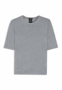 T-shirt grigia a maniche corte con scollatura rotonda, realizzata in tessuto morbido. Presenta un design semplice senza motivi o decorazioni.