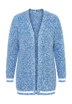 Langärmlige, offene Strickjacke in Blau-Weiß meliert mit weißen Streifen an Bündchen und Saum.