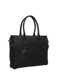 Bolsa de tote de cuero negro con dos asas superiores y una correa de hombro desmontable. Presenta un bolsillo con cremallera en la parte delantera y un acabado texturizado.