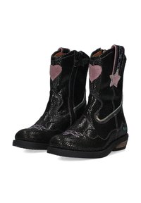 Black cowboy-style boots with a textured finish, featuring pink heart and star appliqués, side zippers, and a low wooden heel.
