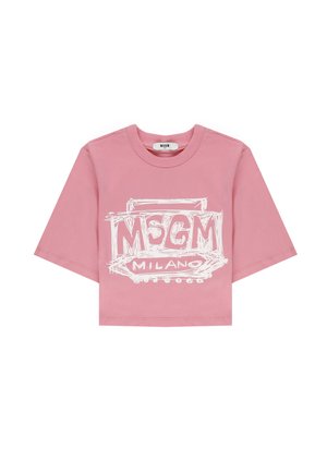 T-shirt corta rosa a maniche corte con logo bianco MSGM Milano e design in stile schizzo sul davanti.