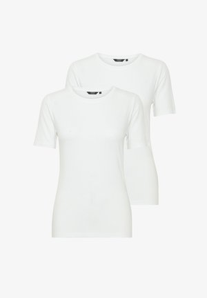 Twee witte t-shirts met korte mouwen van zacht katoen, met een ronde hals en een aansluitende pasvorm. Gladde textuur zonder patronen.