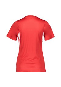 Rotes Sport-T-Shirt mit kurzen Ärmeln, featuring weiße seitliche Einsätze und einem strukturierten Stoff. Glatte Oberfläche, Rundhals-Design.