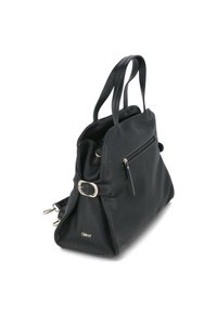 Borsa a mano in pelle nera con finitura testurizzata, doppio manico, tasca frontale con zip e dettaglio fibbia laterale. Design compatto e strutturato.