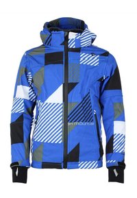 Veste de ski bleue avec des motifs géométriques en noir, blanc et gris. Comprend une fermeture zippée, une capuche ajustable et des poignets élastiques.