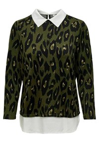 Grön leopardmönstrad topp med långa ärmar, som har en vit krage och fåll som sticker ut längst ner. Mjuk tyg med en slät yta.