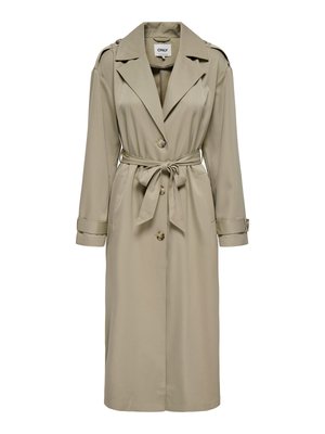 Ilgas smėlio spalvos tranšėjos paltas su atlapų apykakle, užsegimu su sagomis, juosmens diržu ir rankogalių dirželiais.