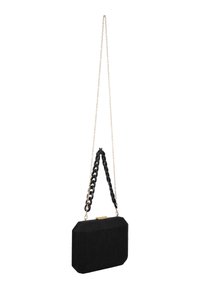 Fekete textúrájú, nyolcszögalakú clutch táska. Aranyszínű zárja és vegyes láncból készült fogantyúja van, amelynek egy része fekete fonással készült.