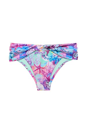Wielokolorowe bikini dolne z motywem koralowców i muszelek w odcieniach różu, fioletu i niebieskiego, z marszczonym pasem i regulowanym dopasowaniem.
