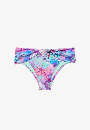 Multicolor bikini bottom featuring a coral and shell pattern in pink, purple, and blue, with a gathered waistband and adjustable fit.