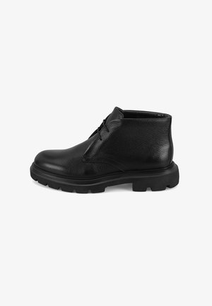 Schwarze Leder-Ankle-Boots mit strukturierter Oberfläche, runder Zehe, Schnürdesign und dicker schwarzer Gummisohle für Trittfestigkeit und Langlebigkeit.