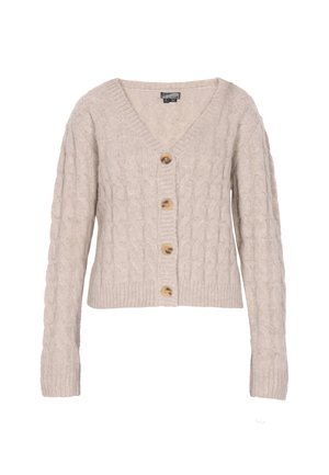 Beige kabelstrikket cardigan med V-udskæring, lange ærmer og fire knaplukninger foran. Fremstillet af blødt, struktureret stof.