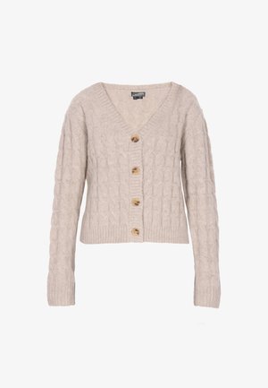 Beige kabelstrikket cardigan med V-udskæring, lange ærmer og fire knaplukninger foran. Fremstillet af blødt, struktureret stof.