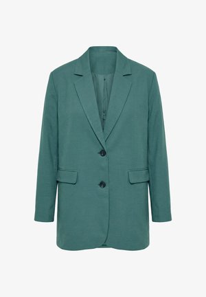 Türkisfarbener Damenblazer mit Kerbkragen, zwei vorderen Klappentaschen, zwei schwarzen Knöpfen und langen Ärmeln.