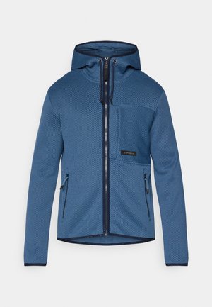 Blue textured hooded jacket featuring a full zipper, front pocket, and contrasting dark trim along the cuffs and hem.