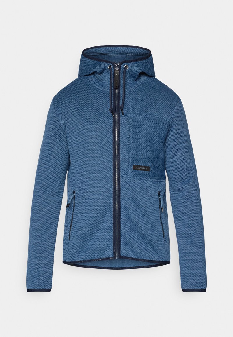 Blau strukturierte Kapuzenjacke mit vollem Reißverschluss, Fronttasche und kontrastierendem dunklem Besatz entlang der Bündchen und dem Saum.