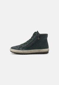 High-top sneaker in dark green leather with contrasting light-gray rubber sole, lace-up front, and side zip detail. Textured finish throughout.