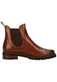Brown leather Chelsea boot with elastic side panels, round toe, textured finish, and a contrasting wooden heel. Rubber outsole for traction.