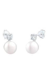 Boucles d'oreilles en argent sterling avec clou, présentant une perle blanche ronde sous un zircon cubique transparent, avec une finition polie et un fermoir papillon sécurisé.