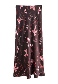 Jupe en satin marron foncé, ornée d'un motif de nœuds rouges et roses, d'instruments de musique et de rubans. Design fluide avec une texture lisse.