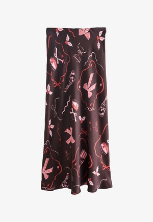 Fustă de satin de culoare maro închis, cu un model de fundițe roșii și roz, instrumente muzicale și panglici. Design fluid cu o textură netedă.