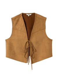 Gilet en suede beige avec un décolleté en V, une ouverture devant et une fermeture à nouer. Présente une texture lisse et des éléments de design géométrique au niveau des épaules.