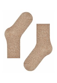 Brązowe skarpetki dziane, wyeksponowane z góry, z teksturowanym wzorem i klasycznym ściągaczem. Kształt obejmuje zaokrąglony palec i piętę.