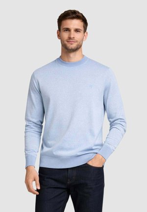 Uomo che indossa un maglione azzurro a girocollo e jeans scuri, in piedi con una mano in tasca contro uno sfondo uniforme.