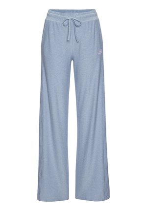 Light blue wide-leg sweatpants with elastic waistband and drawstring, featuring a small logo patch on the right thigh.