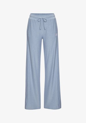 Light blue wide-leg sweatpants with elastic waistband and drawstring, featuring a small logo patch on the right thigh.