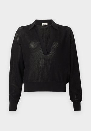 Pull en maille noir à manches longues avec un col en V profond et des poignets et ourlet côtelés, présentant une texture en maille semi-transparente sur l'ensemble.