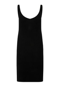 Zwarte gebreide jurk met een geribbeld textuur, ronde halslijn en slim fit. Voorzien van dunne schouderbandjes en een rechte zoom.