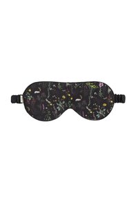 Sleep mask with a floral pattern in vibrant colors on a black background. Soft fabric, contoured shape, and adjustable elastic band.